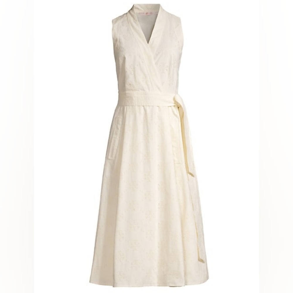 Tory Burch Logo Eyelet Wrap Dress size 2 new ivory NWT